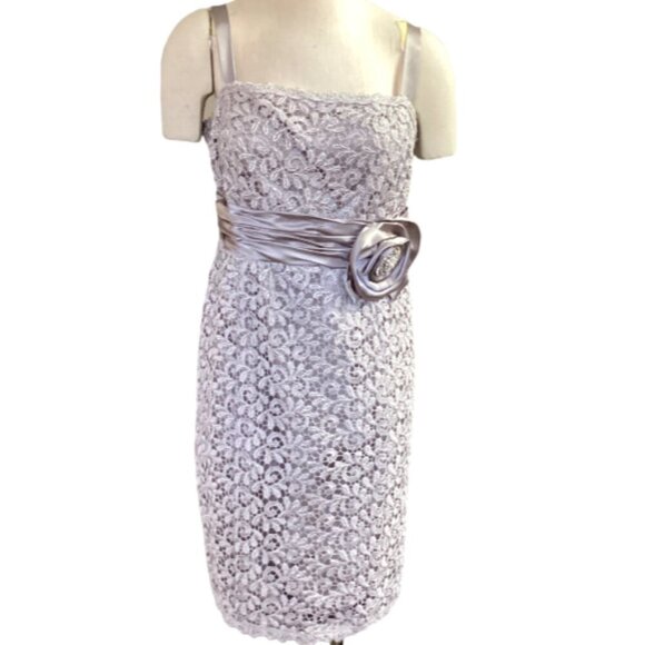 R&M Richards Lace Cocktail Dress Satin Rhinestone Rosette Waistband Sz 16 #159K - Picture 1 of 9